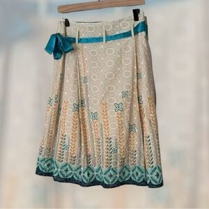 Mint Green Boho Eyelet A-Line Pleated Midi Skirt Teal Yellow Small